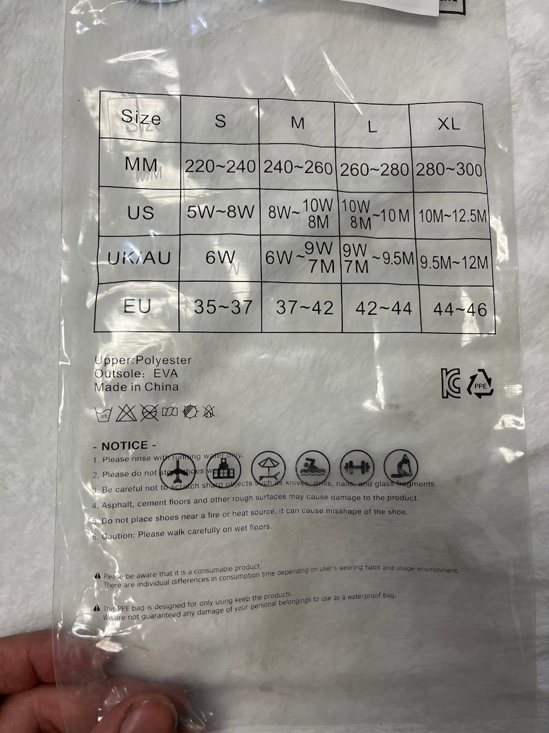 May include: A white and gray size chart for women's shoes with measurements in millimeters, US sizes, UK/AU sizes, and EU sizes. The chart is printed on a clear plastic bag with a notice about care instructions and a warning about the bag's use.