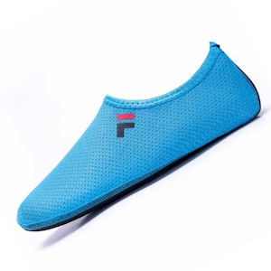 May include: A pair of blue water shoes with a black and red "F" logo. The shoes are made of a breathable mesh material.