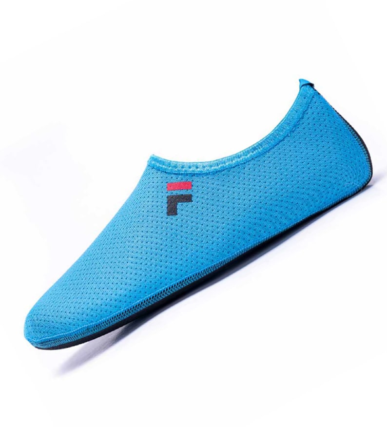 May include: A pair of blue water shoes with a black and red "F" logo. The shoes are made of a breathable mesh material.