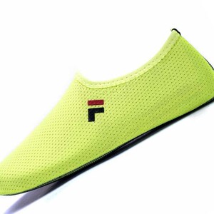 May include: A pair of bright green water shoes with a black "F" logo and a red stripe. The shoes are made of a breathable mesh material.