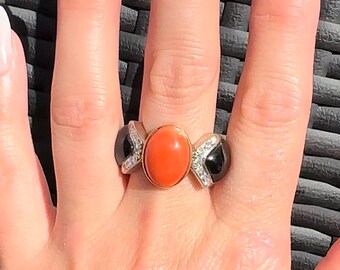 Vintage coral and onyx ring