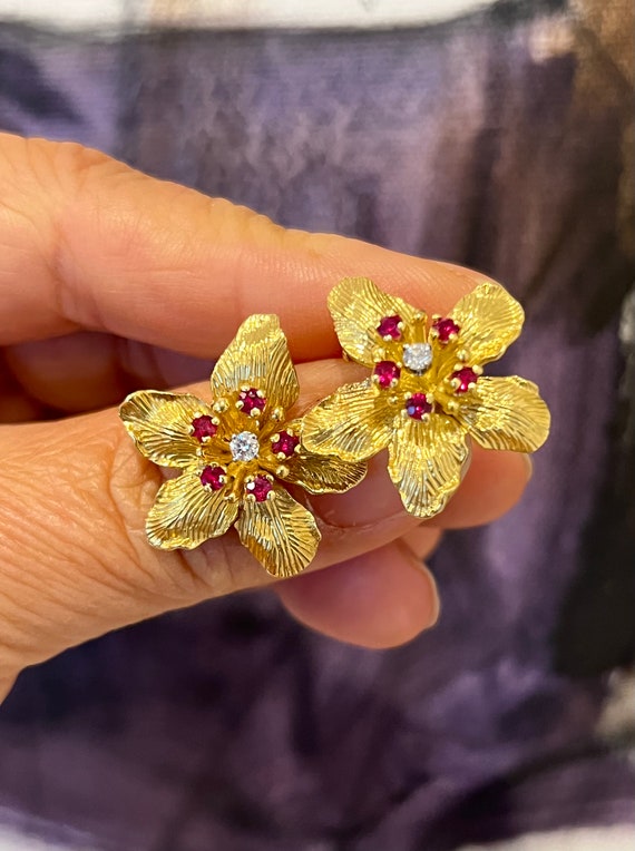 Ruby and diamond flower earrings
