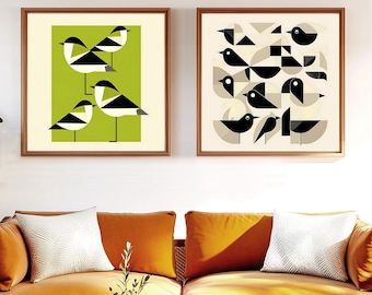 Retro Bird Wall Art–Vintage Bird Print, Set of 2, Mid-Century Modern Art, Colorful Bird Illustration, Abstract Animal Art, Nature Lover Gift