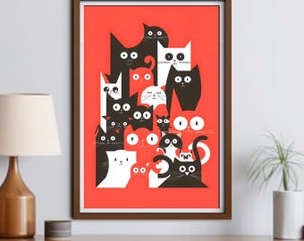 Retro Cat Wall Art – Vintage Cat Print, Mid-Century Cat Decor, Retro Feline Illustration, Cute Cat Artwork, Unique Home Decor