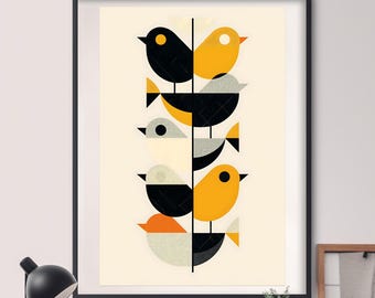 Retro Bird Wall Art – Vintage Bird Print, Mid-Century Modern Art, Colorful Bird Illustration, Abstract Animal Decor, Nature Lover Gift