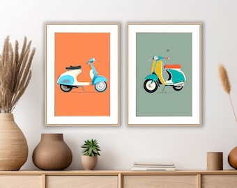 Quadri da parete con Vespa retrò – Decorazioni vintage con scooter, set da 2, stampa Vespa, illustrazione di motocicletta, opera d'arte italiana con scooter, decorazione unica per la casa