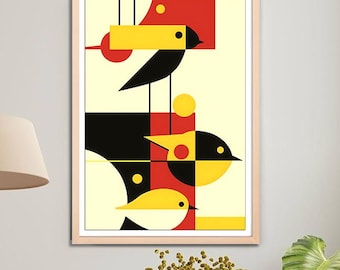 Retro Bird Wall Art – Vintage Bird Print, Mid-Century Modern Art, Colorful Bird Illustration, Abstract Animal Decor, Nature Lover Gift