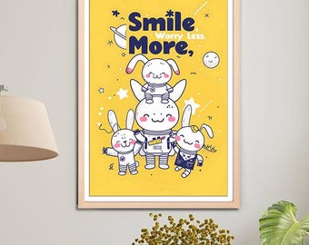 Citazione "Sorridi di più, preoccupati di meno" | Citazione sulla felicità e la positività / Stampa artistica da parete motivazionale / Decorazione per la casa che infonde ottimismo / Idea regalo incoraggiante