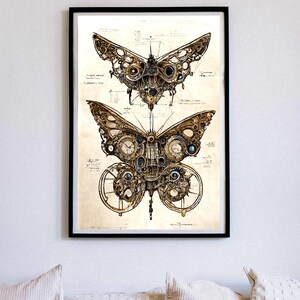 May include: A vintage style print of two detailed steampunk butterflies with intricate gears and clockwork designs. The butterflies are rendered in shades of brown, gold, and blue against a cream background.