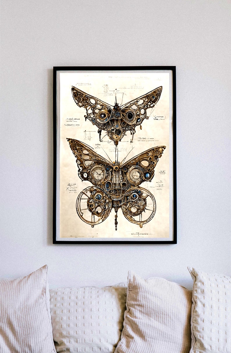 May include: A vintage style print of two detailed steampunk butterflies with intricate gears and clockwork designs. The butterflies are rendered in shades of brown, gold, and blue against a cream background.