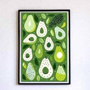 Retro Avocado Fruit Art Print, Vintage Kitchen Wall Art, Tropical Home Decor, Fruit Illustration, Dining Room Artwork