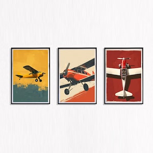 Retro Airplane Wall Art Print – Vintage Aviation Decor, Set of 3, Airplane Poster, Pilot, Travel-Inspired Artwork, Mid-Century Aviation Art