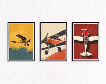 Lámina decorativa de avión retro para pared – Decoración de aviación vintage, juego de 3, póster de avión, piloto, obra de arte inspirada en viajes, arte de aviación de mediados de siglo.
