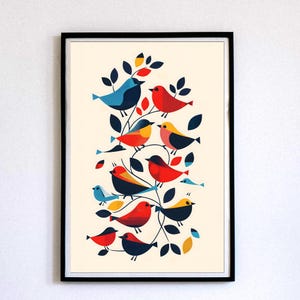 Retro Bird Wall Art – Vintage Bird Print, Mid-Century Modern Art, Colorful Bird Illustration, Abstract Animal Decor, Nature Lover Gift