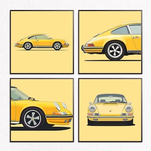 Vintage Retro Classic Car Wall Art, Porsche 911, Set of 4,Antique Auto Print, Classic Vehicle Poster, Garage Decor, Car Enthusiast Art
