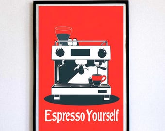 Espresso Yourself, Coffee Lover Quote Art Print, Rustic Kitchen Wall Art, Caffeine Decor, Funny Coffee Sign, Barista Gift, Coffee Home Decor