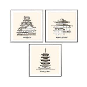 Japan Landmarks Art Prints, Set of 3, City Landmarks, Contemporary, Sketch Art, Architecture, Wall Art, Art Prints, Art Print Downloads