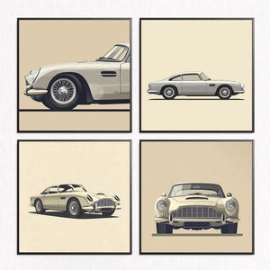Vintage Retro Classic Car Wall Art, Aston Martin DB5, Set of 4,Antique Auto Print, Classic Vehicle Poster, Garage Decor, Car Enthusiast Art