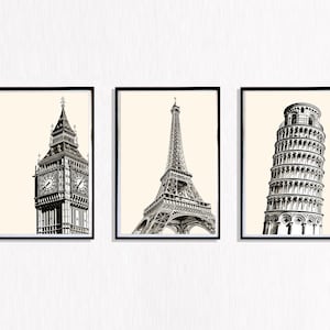 City Landmarks Art Prints, Set of 3, Eiffel Tower, Pisa Tower, Big Ben, City Landmarks, Sketch, Wall Art, Art Prints, Art Print Downloads