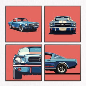 Vintage Retro Classic Car Wall Art, Ford Mustang, Set of 4,Antique Auto Print, Classic Vehicle Poster, Garage Decor, Car Enthusiast Art