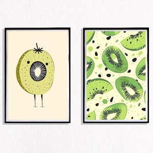 Retro Kiwi Wand Kunst - Vintage Küchen Dekor, 2-er Set, Kiwi Frucht Druck, Retro Obst Illustration, Bauernhaus Küchenkunst, einzigartiges Wohndekor