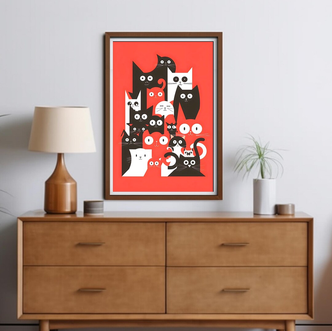 Retro Cat Wall Art – Vintage Cat Print, Mid-century Cat Decor, Retro ...