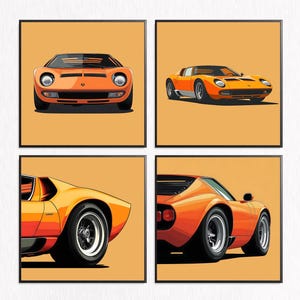 Vintage Retro Classic Car Wall Art, Lamborghini Miura, Set of 4,Antique Auto Print, Classic Vehicle Poster, Garage Decor, Car Enthusiast Art