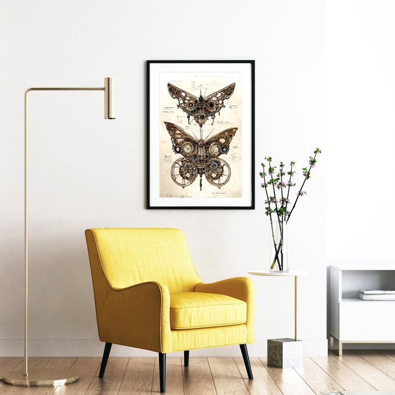 May include: A black framed print of a vintage illustration of two steampunk butterflies with intricate gears and cogs. The butterflies are on a cream background with black text.