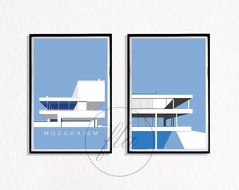 Arte mural contemporáneo de arquitectura, juego de 2, arquitectura, contemporáneo, diseño Bauhaus, mediados de siglo, minimalista, descarga digital de arte.