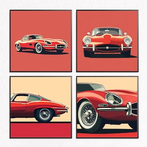 Vintage Retro Classic Car Wall Art, Jaguar E Type, Set of 4,Antique Auto Print, Classic Vehicle Poster, Garage Decor, Car Enthusiast Art