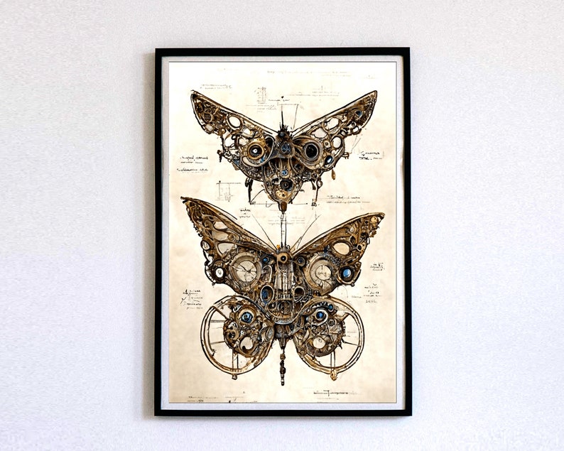 May include: A framed print of two intricate, detailed, steampunk-style butterflies. The butterflies are made of gears, cogs, and other mechanical parts. The print is on a beige background with black lines and text.