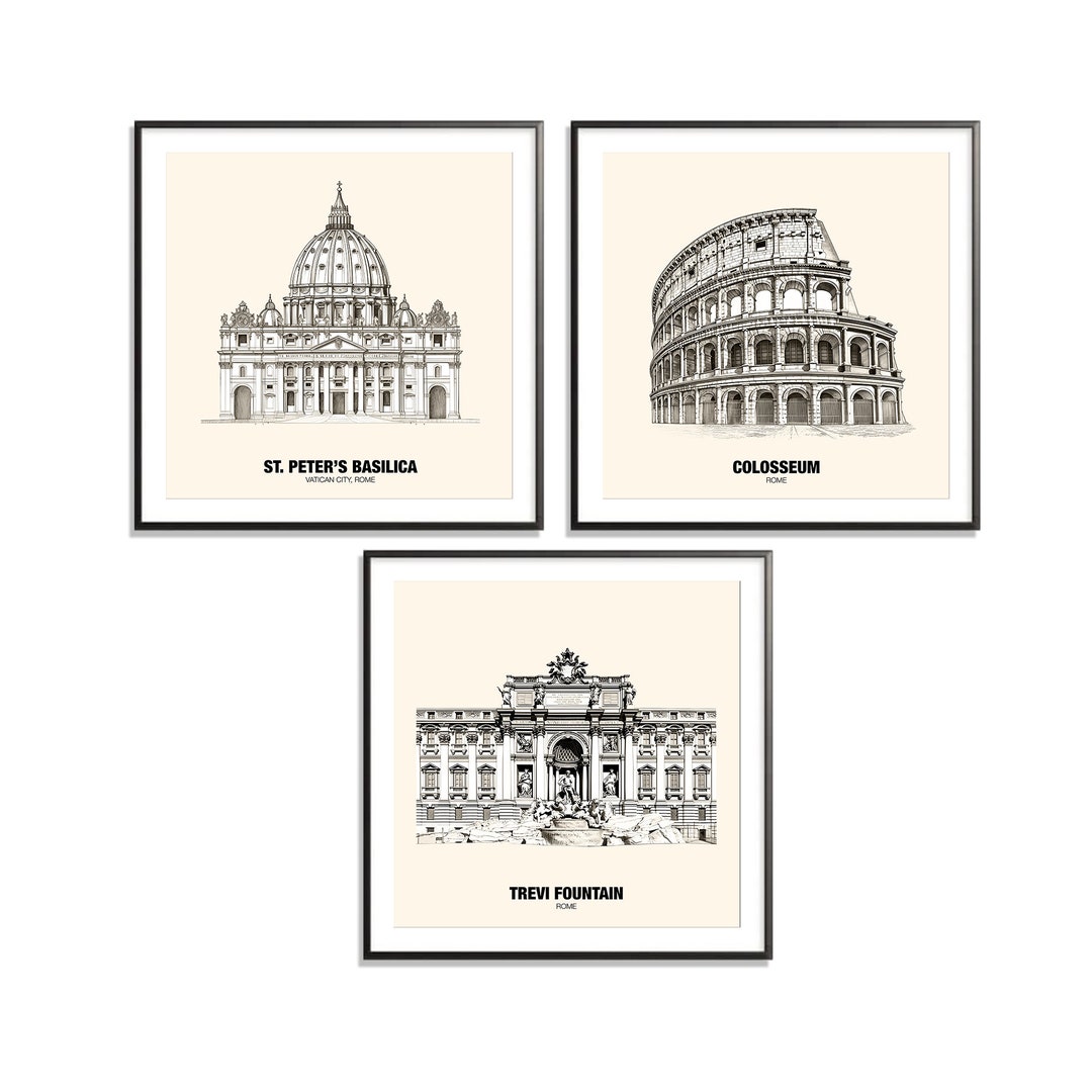 Rome Italy Landmarks Art Prints, Set of 3, City Landmarks, Contemporary ...