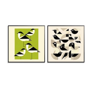 Retro vogel kunst aan de muur–Vintage vogelprint, set van 2, moderne kunst uit het midden van de eeuw, kleurrijke vogelillustratie, abstracte dierlijke kunst, cadeau natuurliefhebber