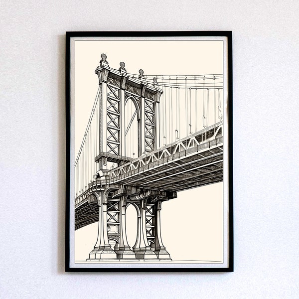 Manhattan Bridge Art Print, New York Landmarks, City Landmarks, Sketch Art, Architecture, Wall Art, Art Prints, Art Print Downloads