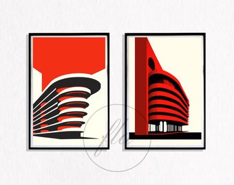 Arte mural contemporáneo de arquitectura, juego de 2, arquitectura, contemporáneo, diseño Bauhaus, mediados de siglo, minimalista, descarga digital de arte.