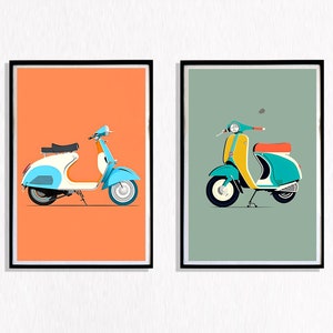 Retro Vespa Wall Art – Vintage Scooter Decor, Set of 2, Vespa Print, Motorcycle Illustration, Italian Scooter Artwork, Unique Home Decor