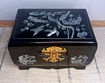 Vintage Mother of Pearl & Black Lacqeur Wooden Jewellery Box with Mirror, Natural Shell Inlay, Bird and Floral Motif, Two Tier, c 1980s