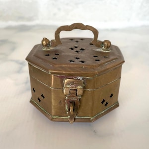 Vintage Brass Box, Pierced Metal Lidded and Footed Small Decorative Container, Handmade in India