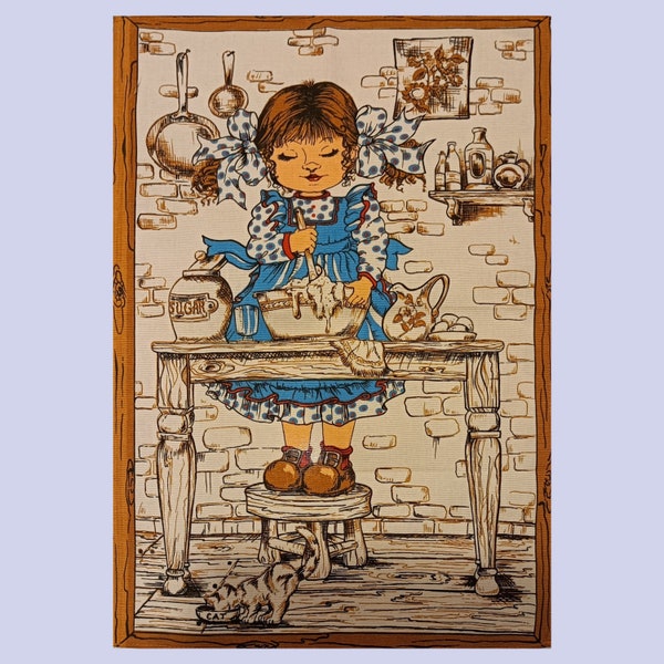Chaton et petite fille avec des arcs dans ses cheveux cuisson, torchon. 100% Coton. millésime Made in Brazil c1980s.
