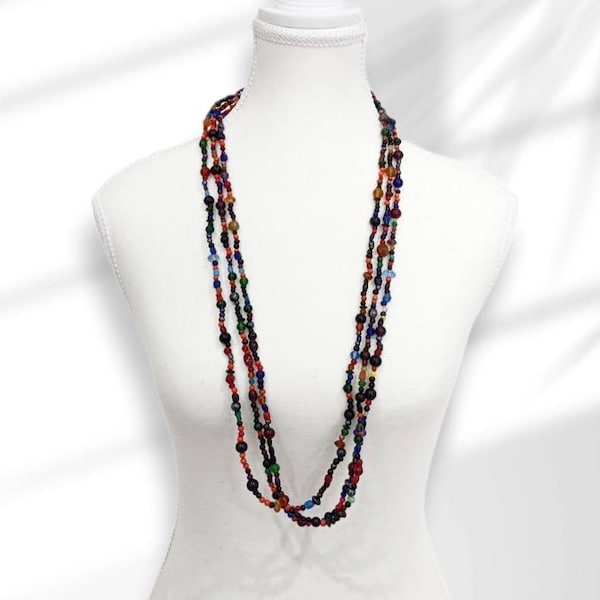 1960s - 1970s Love Beads, Authentic Vintage Glass Multicoloured 3 Strand Necklace, 90cm Long, Silver-Tone Clasp, Complimentary Dust Bag.