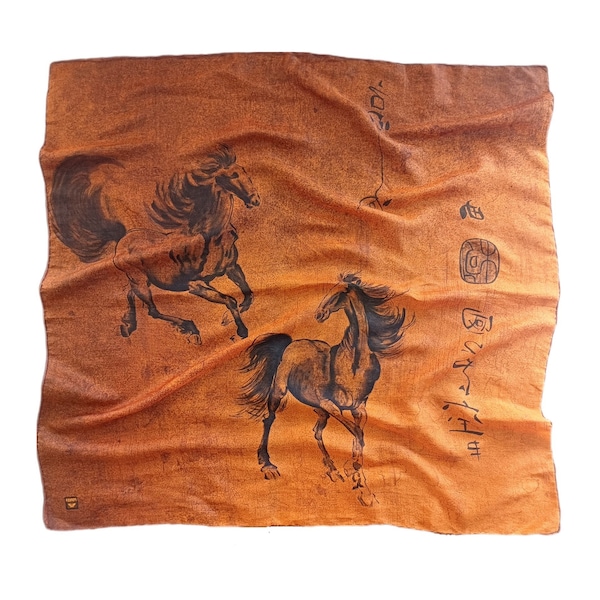 c1970s Miriam Ponsa Pure Silk Scarf. Ink-Wash Calligraphy Horse Scroll Design. Hand Rolled Edges. Signed. Burnt Orange, Black & Brown.