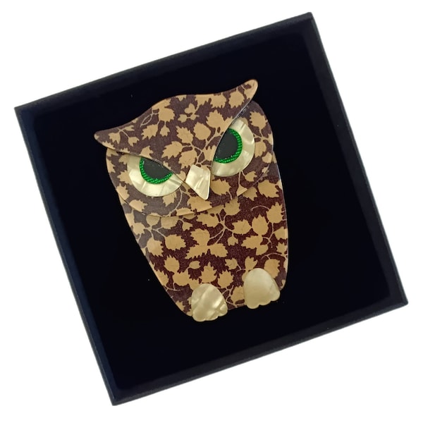 Lea Stein Buba Owl Brooch. Green & Faux Shell Eyes. Brown + Beige Leaf Motif. Signed. Vintage c1970s. With Complimentary Gift/ Jewellery Box