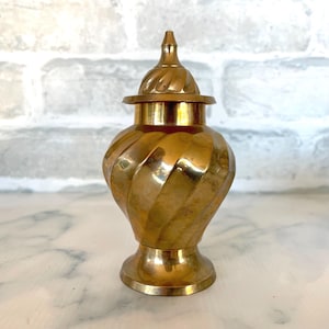 Vintage Brass Urn, Small Lidded Decorative Metal Jar with Twist Design, Made in India