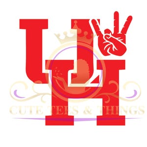 Op de afbeelding: Rood grafisch ontwerp met de letters "LJ" en een hand die het "peace"-teken maakt. De tekst "Cute Tees & Things" staat onder de letters.