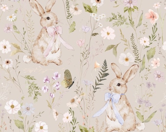 Rabbit and Wildflowers, Watercolor Spring Floral, Bunnies, Cotton Fabric by the Yard