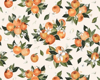 Orange Blossoms Fabric, Summer Floral Fruit, Cotton Fabric by the Yard