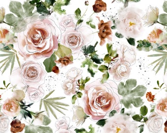 Blush Floral Fabric, Vintage Terracotta Pink and Green Watercolor Floral, Cotton Fabric by the Yard