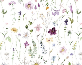Wildflower Floral Fabric, Watercolor Flower Stems and Leaves, Soft Floral, Whimsical Girl Nursery, Cotton Fabric by the Yard