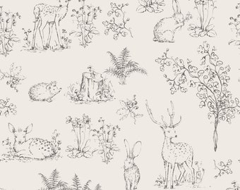 Woodland Toile Fabric, Sketch Woodland Forest Animals, Neutral, Kona Cotton, Cotton Sateen, Linen Cotton Canvas Fabric by the Yard