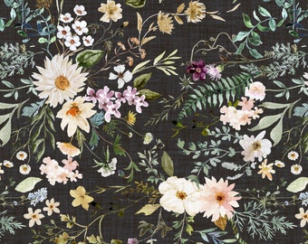 Rustic Wildflowers Fabric, Dark Floral, Cottage Garden Quilting Cotton, Sateen, Cotton Knit, Cotton Spandex French Terry, Home Decor Fabric